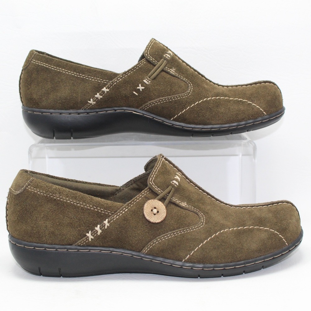 Clarks Bendables Olive Green Suede Slip On Loafers Button Detail Womens 8.5M